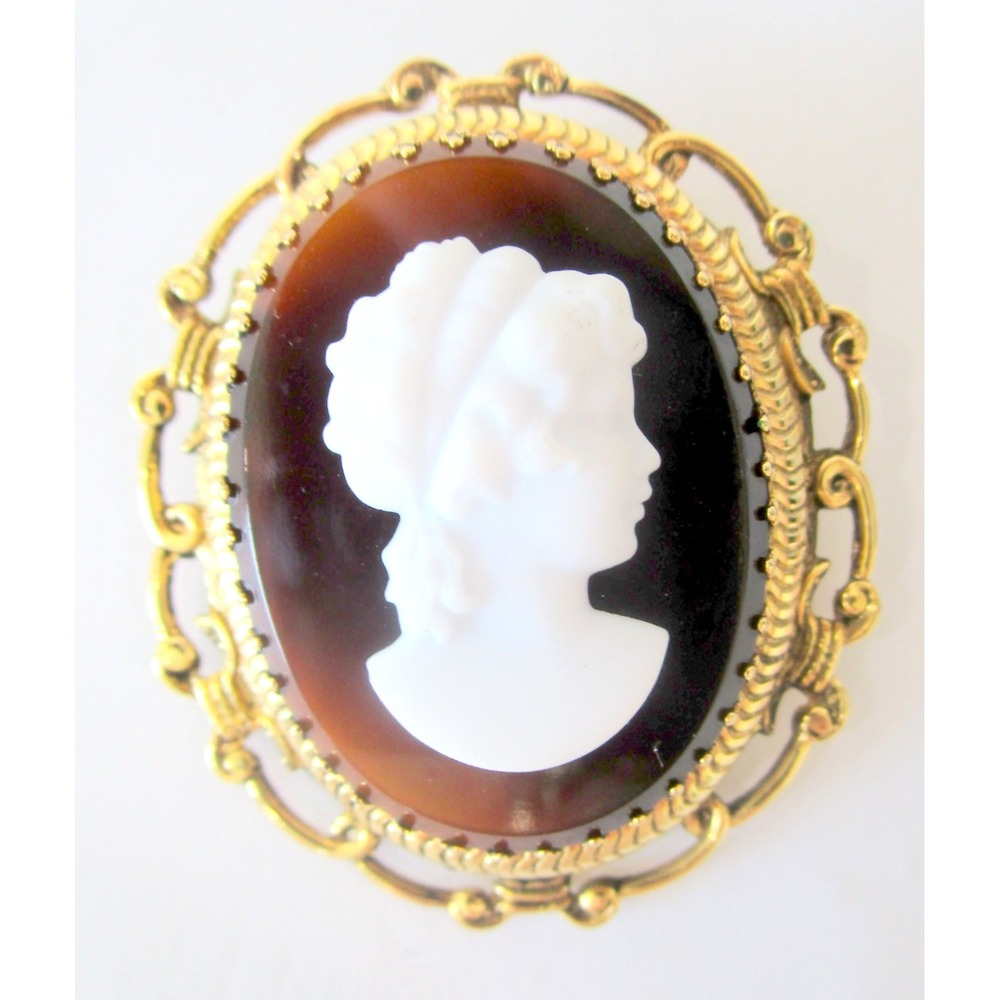 Vintage Cameo Brooch Brown White Glaas Dimensional Tall Orante Frame 2.25"